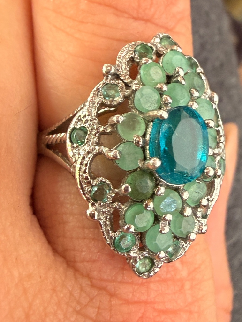 Ethiopian Blue Opal & Emerald vintage 
Ring 925 Silver 14K WG Sz8.5 - Picture 10 of 17